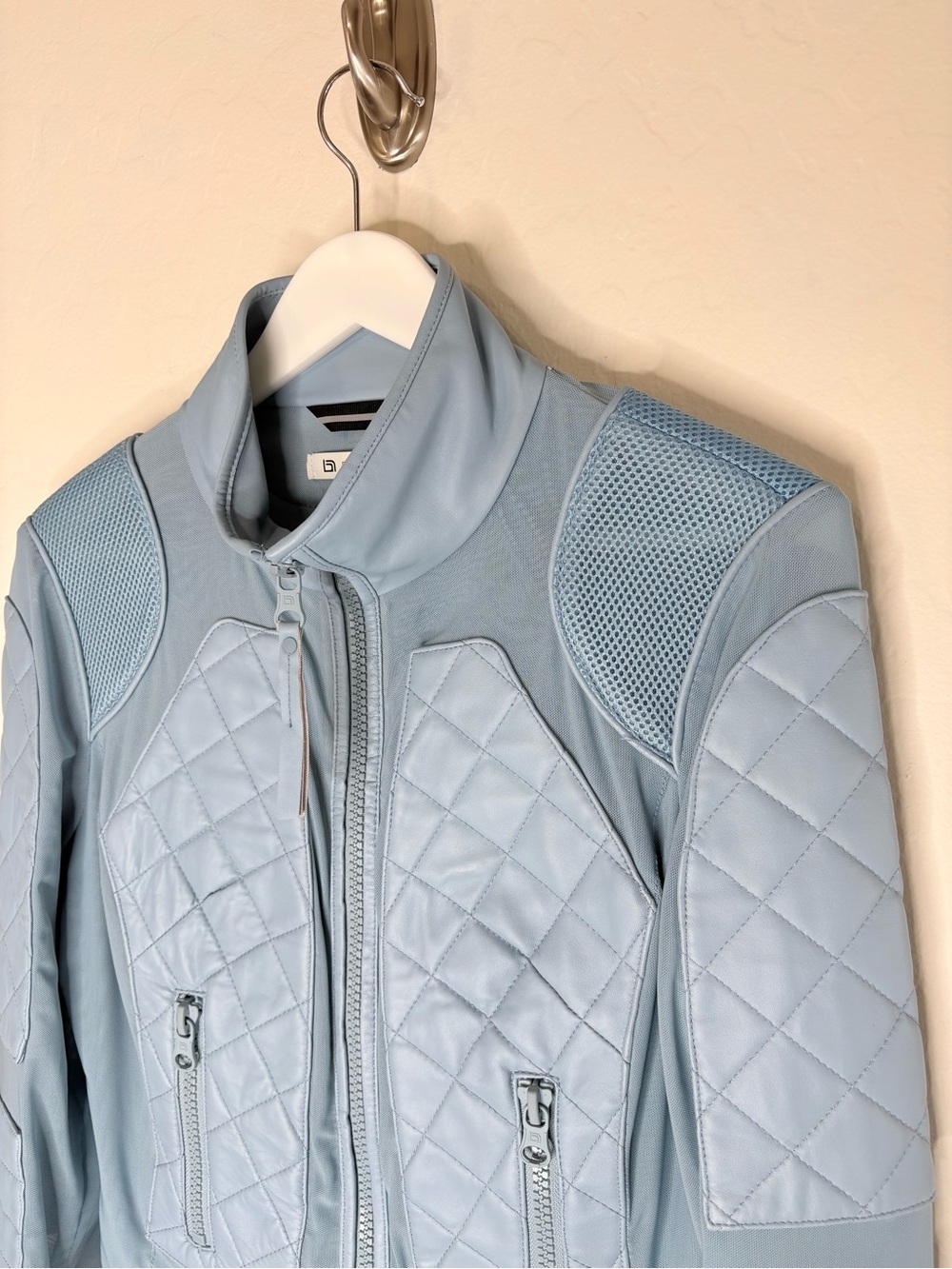 Blanc Noir Leather Quilted Moto Jacket Size Medium Light Blue Fog Mesh Biker - Picture 4 of 14